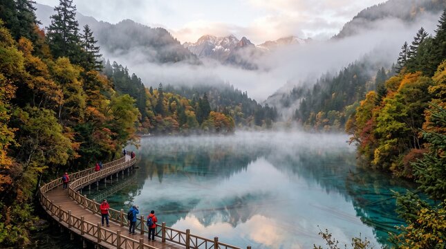 Scenic Misty Lake with Forested Mountains and Walking Path