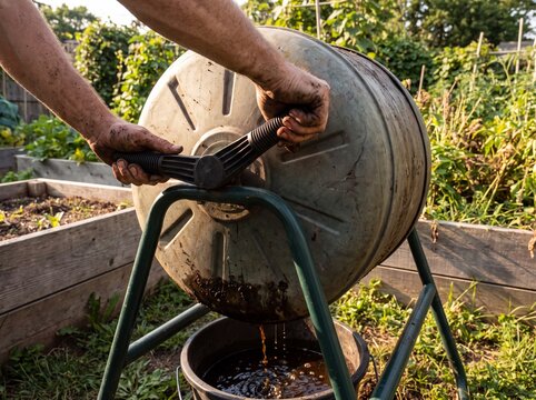 Gardener turning a rotating compost tumbler in a garden, producing nutrient-rich liquid fertilizer for plants.
