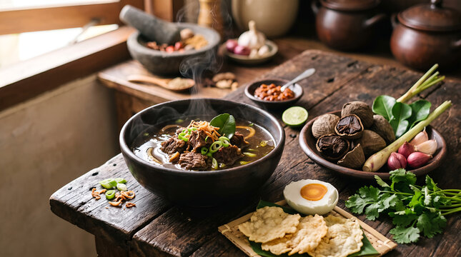Authentic rawon beef soup surrounded by keluak and Indonesian spices, presenting traditional culinary ingredients for food, culture and recipe content.
