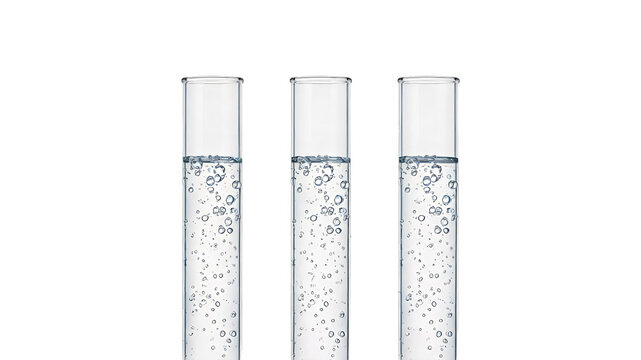 Three Glass Test Tubes With Liquid And Bubbles On White Background
