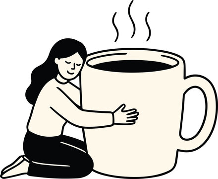 Embrace of Warmth: A cozy illustration depicts a person embracing a comically oversized mug of steaming coffee, symbolizing comfort and the simple joy of a warm beverage.