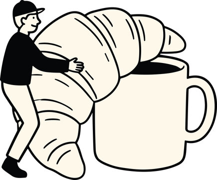 Croissant and Coffee Breakfast: A person carrying a giant croissant towards a mug of coffee, a delightful depiction of a morning treat.