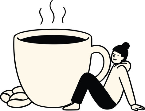 Morning Ritual: A cozy illustration depicting a person relaxing next to a large, steaming cup of coffee, accompanied by coffee beans.