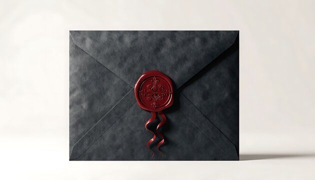 Black envelope with red wax seal on white background for luxury invitation or secret message