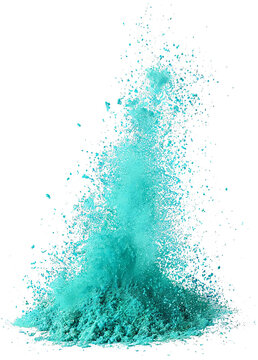 Turquoise Powder Burst in Mid Air Against White Background