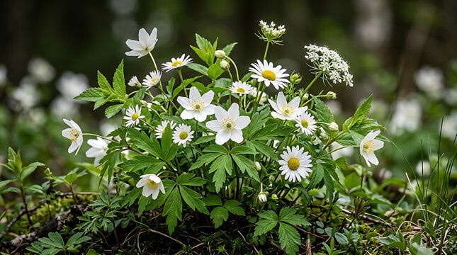 Blooming white anemone flowers in forest springtime.