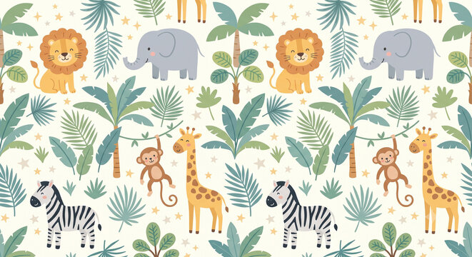 Cute Jungle Animals and Tropical Leaves Seamless Pattern