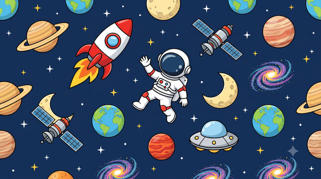 Cute Space and Astronaut Seamless Pattern