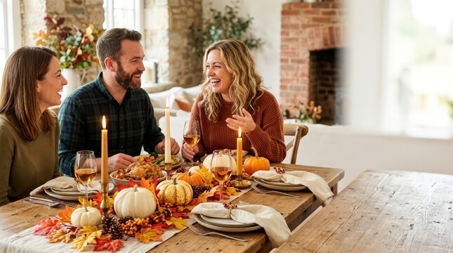 Friends Celebrating Thanksgiving Dinner with Autumn Decor and Food
