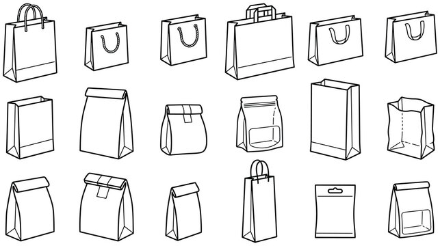 Set of paper shopping bag icons for retail commerce and takeaway packaging.