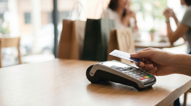 Customer Making Payment with Card Using Card Reader at Retail Counter