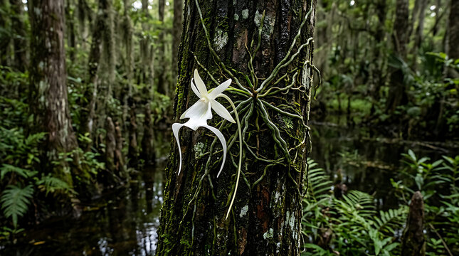Delicate white ghost orchid in swamp forest.
