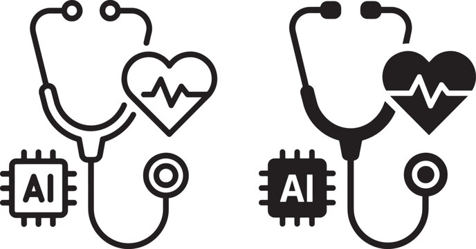 Artificial intelligence in medicine stethoscope icon heartbeat graph health monitoring digital chip electronic tool for healthcare analysis and research.