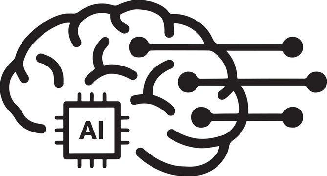 Artificial intelligence brain icon with computer chip and network connections for technological development and machine learning concept on transparent background.