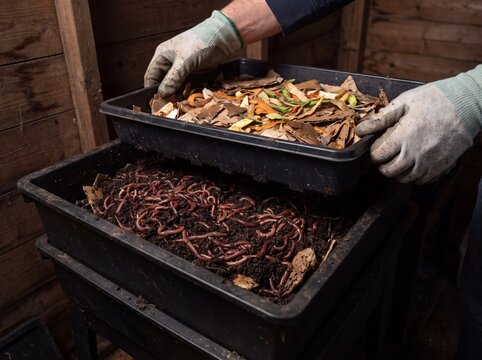 Hands in gloves tending to a worm farm, adding food scraps to a bin filled with composting worms and rich soil.