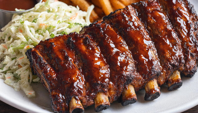 Rack of caramelized barbecue pork spare ribs glistening with rich sweet glaze on platter