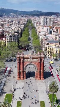 Arc De Triomf In Barcelona Catalonia Spain. Bird Eye View Of Stunning Iconic Recreational Park Of The City. Downtown Cityscape. Cities Of The World. Barcelona Catalonia.