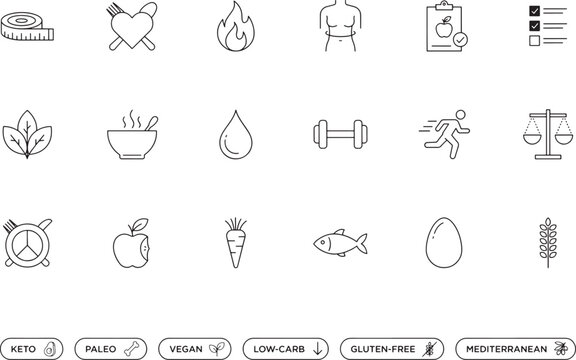 Collection of dietary and fitness icons showcasing nutritional choices workout routines balanced meals health monitoring tools and physical well being markers.