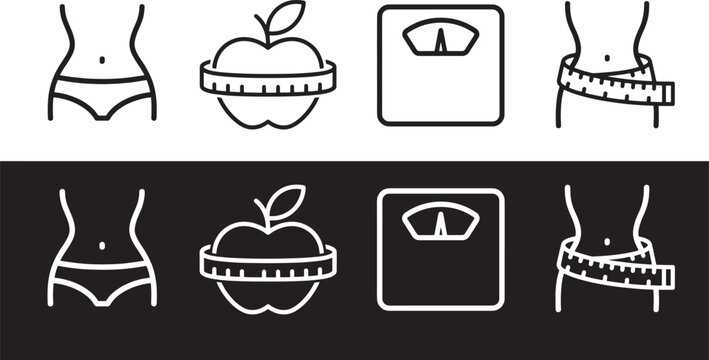 Collection of body measurement and weight icons representing health diagnostics and fitness progress tracking isolated on transparent background design.
