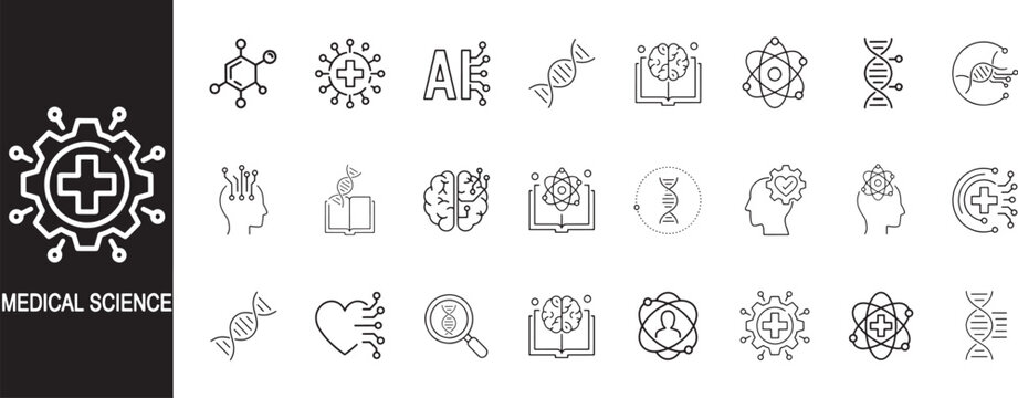 Medical science line icons set with chemical compound, virus, artificial intelligence, dna, brain, atom, data processing, and research.