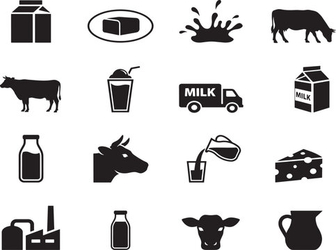 Milk and dairy products icons set with cow, milk carton, butter, cheese, splash, glass of milk, milk truck, smoothie and dairy factory.