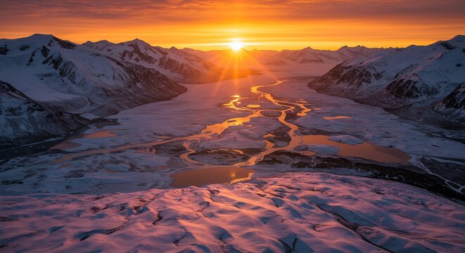 Sunrise Over Glacier Valley: A breathtaking panoramic view of a vast glacier valley illuminated by a vibrant sunrise, casting golden rays over snow-capped mountains and icy terrain.