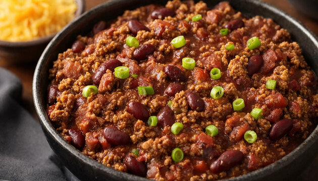 Bowl of spicy homemade beef chili with kidney beans melted cheddar cheese and green onions