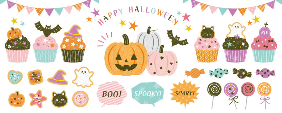 Cute Halloween vector clipart set with cupcakes, candies, pumpkins, and speech bubbles for banners, flyers, greeting cards, and stationery design