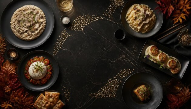 An Autumnal Feast: A spread of delectable dishes arranged artfully on a dark surface, accented by fallen leaves and a warm ambient glow, evoking the comfort and richness of an autumn meal.