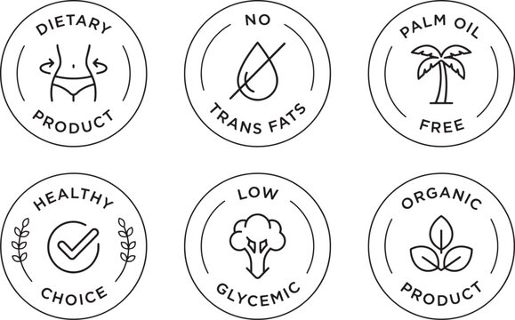 Professional set of round dietary and health product badges including trans fat free palm oil free healthy choice low glycemic and organic certification icons.