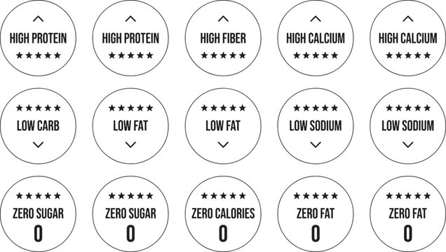 Extensive selection of circular nutritional rating icons with five star ranking system for high protein fiber calcium carb fat sodium sugar calorie indicators.