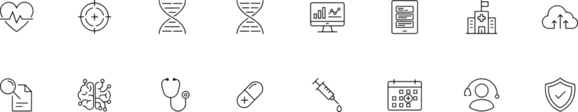 Medical and healthcare line icon collection showing heart rate target dna research analytics report hospital cloud sync brain analysis stethoscope pill syringe.