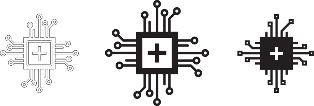 Computer processor microchip set as flat icons featuring central processing units with electronic circuit board connectivity lines for high tech computing.