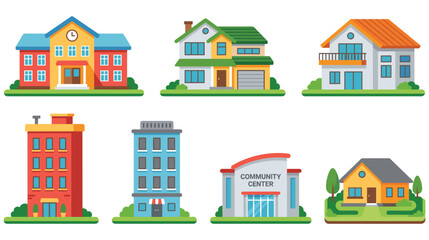 Naklejka premium Assortment of buildings school house apartment community center.