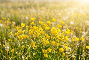 Obraz premium Yellow Wildflowers Blooming in a Sunny Spring Meadow