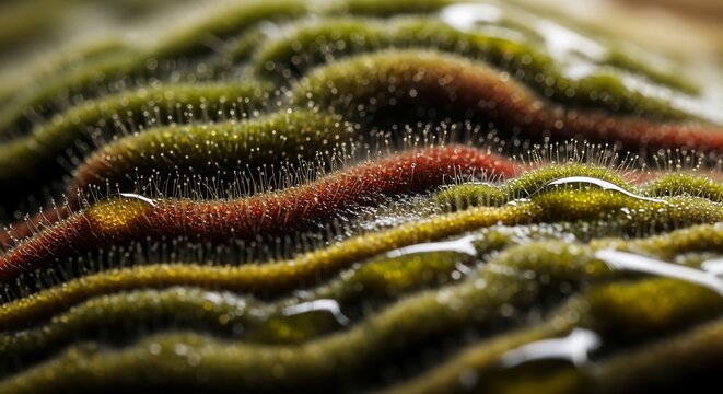Abstract close up of green and red textured mossy surface with water droplets
