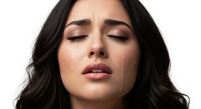 Grief-stricken Woman Crying: A portrait of a young woman with dark, wavy hair, her eyes closed and tears streaming down her face, conveying deep sorrow and despair.