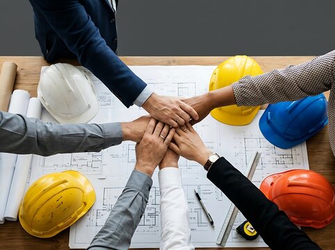 Architects and engineers stacking hands over building plans