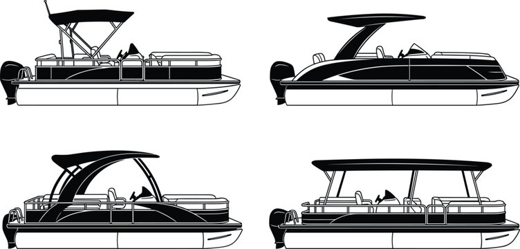Modern pontoon boat side view silhouette icon set featuring luxury leisure deck boats with bimini top canopies