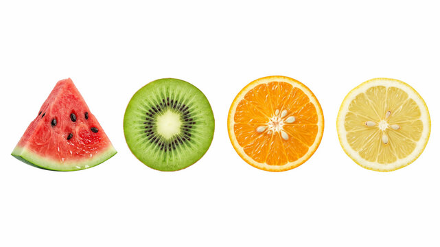 Fresh juicy fruit slices line assortment with kiwi slice and orange slice on white background