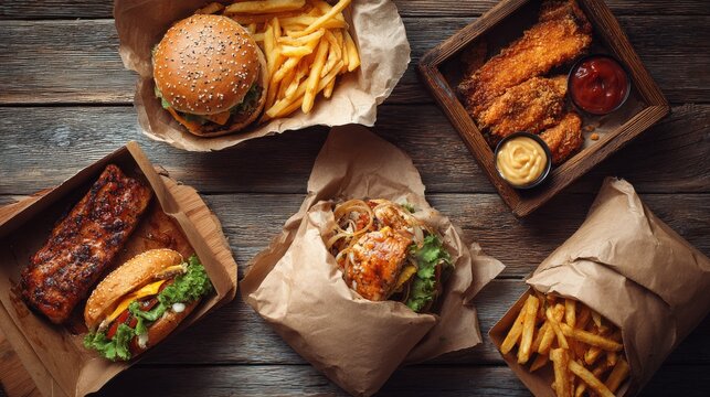 A delicious assortment of different tasty foods from a delivery service arranged on a rustic wooden background, featuring a variety of fresh and appetizing meals for online food ordering, takeaway, fa