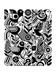 Fototapeta premium Geometric birds and floral folk art illustration