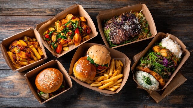 A delicious assortment of different tasty foods from a delivery service arranged on a rustic wooden background, featuring a variety of fresh and appetizing meals for online food ordering, takeaway, fa