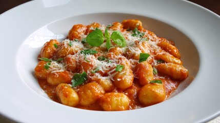 Fototapeta premium Soft and tender gnocchi served in rich homemade tomato sauce, topped with melted cheese and fresh herbs, delicious italian comfort food with a warm, savory, and appetizing homemade meal presentation