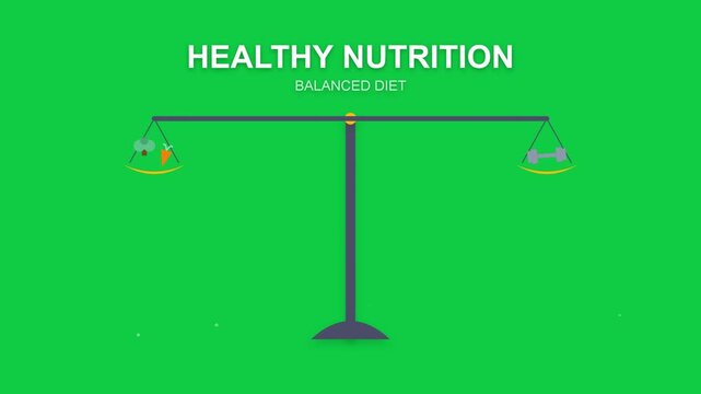 Nutrition Balance Scale Graphic with Healthy Food and Gym Weights