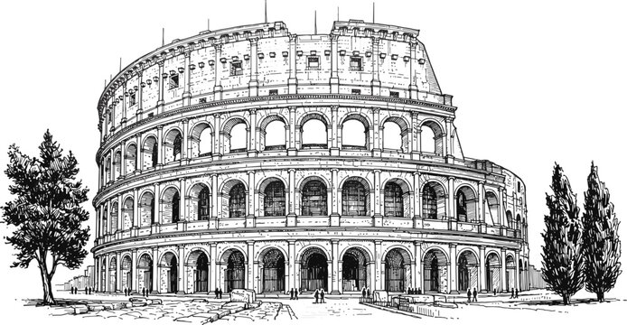 Ancient Roman Colosseum arena arena architecture hand drawn engraving with surrounding cypress trees and ground stone textures