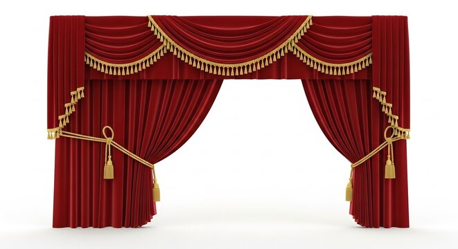 Elegant Red Stage Curtain with Gold Trim: A luxurious red velvet stage curtain, adorned with intricate gold trim and tassels, opens to reveal a grand performance space.