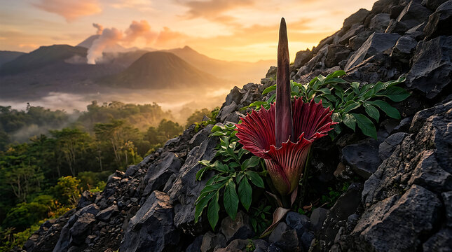 Tall Red Flower Blooming in Mountain Landscape.
