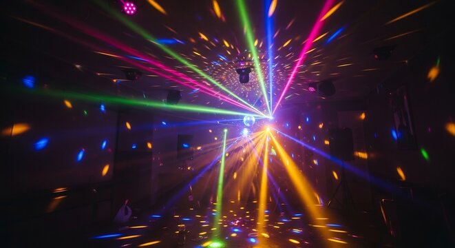 Disco Ball Light Show: A vibrant disco ball illuminates the room with a dazzling array of colorful laser beams and light effects, creating an energetic atmosphere perfect for a party or celebration.