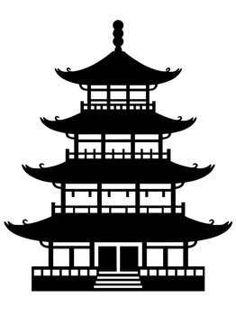Bold black silhouette of a four-tiered Asian pagoda with curved eaves, balconies, and finial spire, minimalist illustration perfect for Chinese, Japanese, travel, and cultural themes.